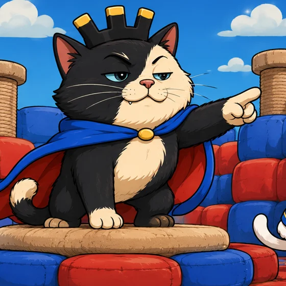King SCENTRAL pointing a decree from atop a scratching-post podium